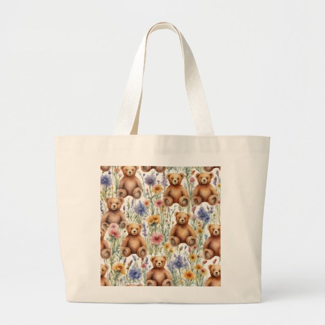 Niedliche Cartoon-Teddies mit Aquarellfarben-Blume Jumbo Stoffbeutel (Vorne)