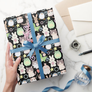 Niedliche Cartoon-Zeichen Muster Black BG Geschenkpapier
