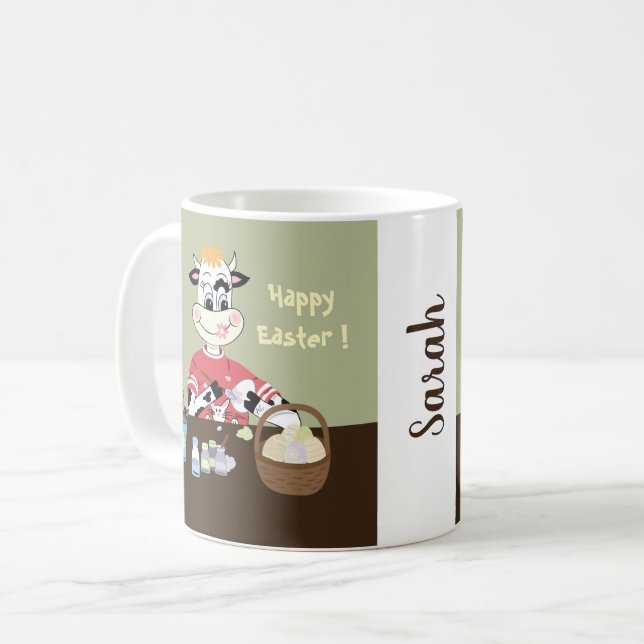 Niedliche Cartoonkuhmalerei eggs Ostern-Tasse Kaffeetasse (Vorderseite Links)