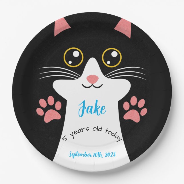 Niedliche Cat Birthday Party Teller. Bearbeitbarer Pappteller (Vorderseite)