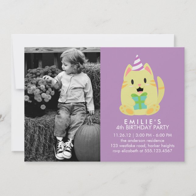 Niedliche Cat Custom Foto Geburtstagspartei Einladung (Vorderseite)