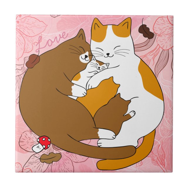 Niedliche Cat Family Keramik Tile Fliese (Vorderseite)