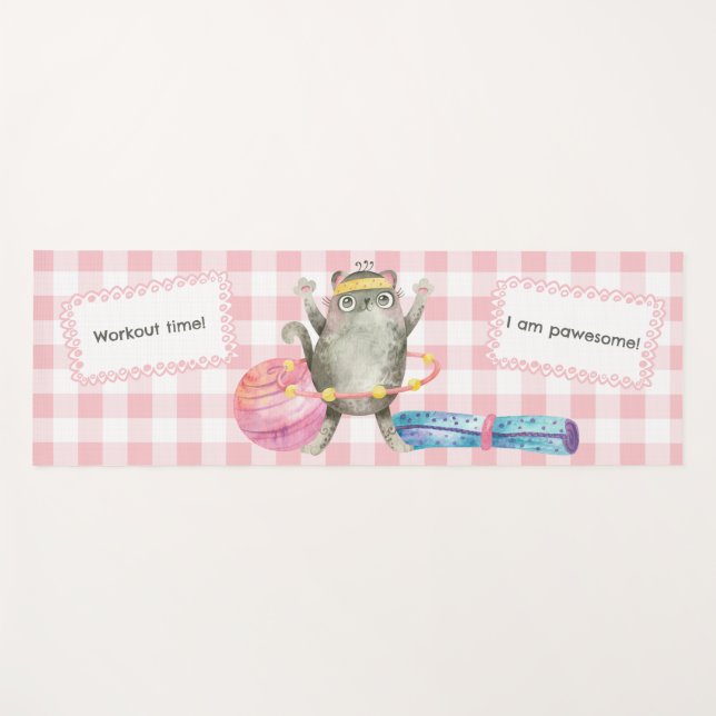 Niedliche Cat Fitness Motivation Pink Gingham Yogamatte (Vorderseite (Horizontal))