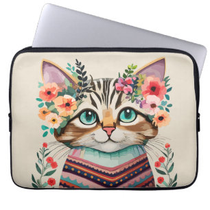 Niedliche Cat Floral Watercolor Laptopschutzhülle