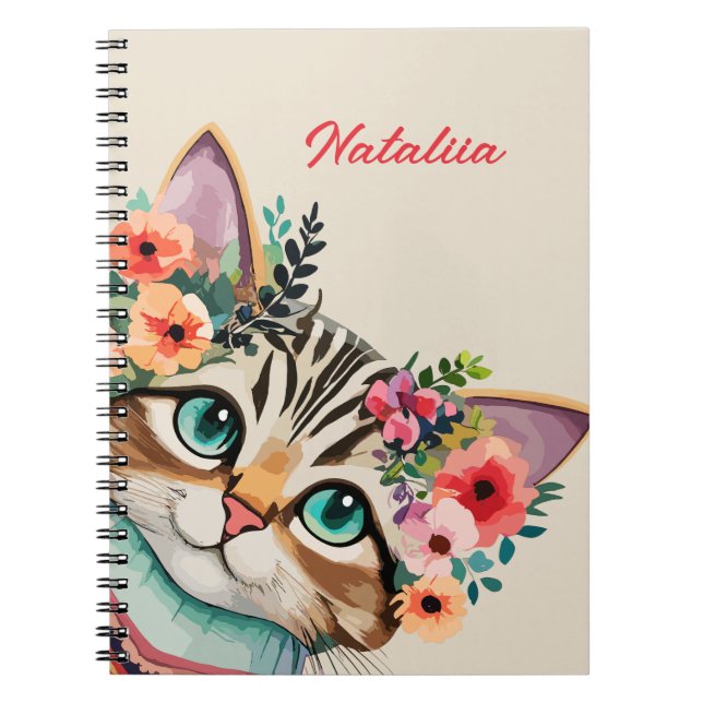 Niedliche Cat Floral Watercolor Notizblock (Vorderseite)