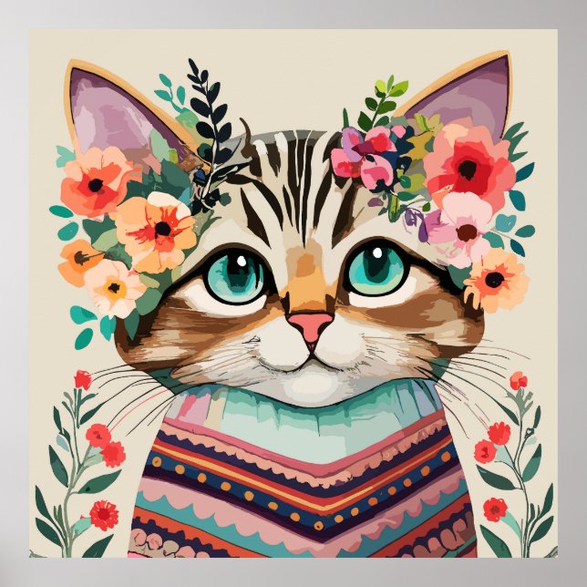 Niedliche Cat Floral Watercolor Poster (Vorne)