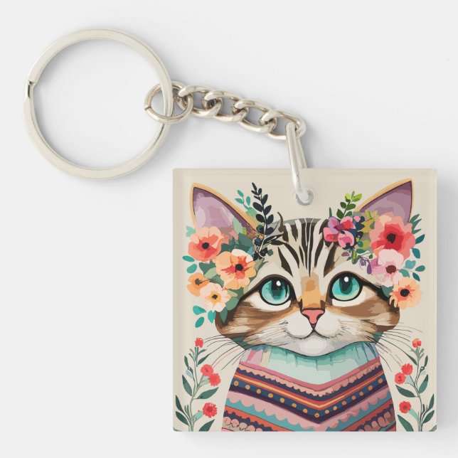Niedliche Cat Floral Watercolor Schlüsselanhänger (Vorderseite)