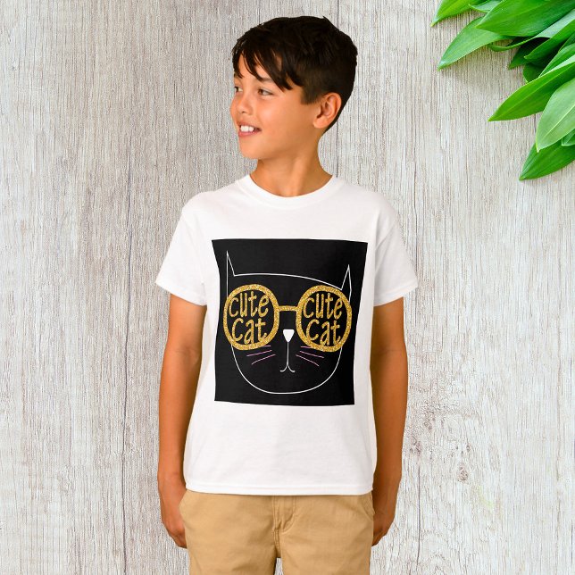 Niedliche Cat Glasses Graphic Gold Glitzer Kitty F T-Shirt (Von Creator hochgeladen)