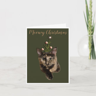 Niedliche Cat Green Meowy Weihnachtskarte Feiertagskarte