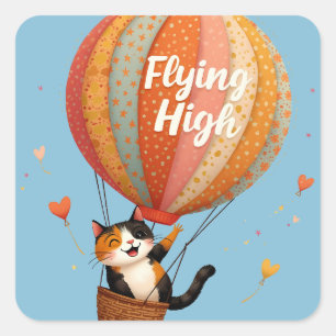 Niedliche Cat Hot Air Ballon Whimsikkunst Quadratischer Aufkleber