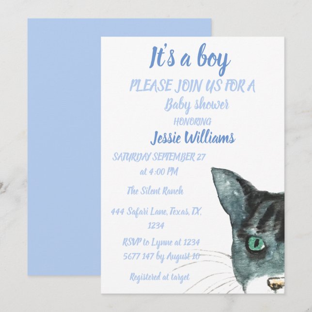 Niedliche Cat Kitten Kitten Blue Baby Dusche Einladung (Vorne/Hinten)