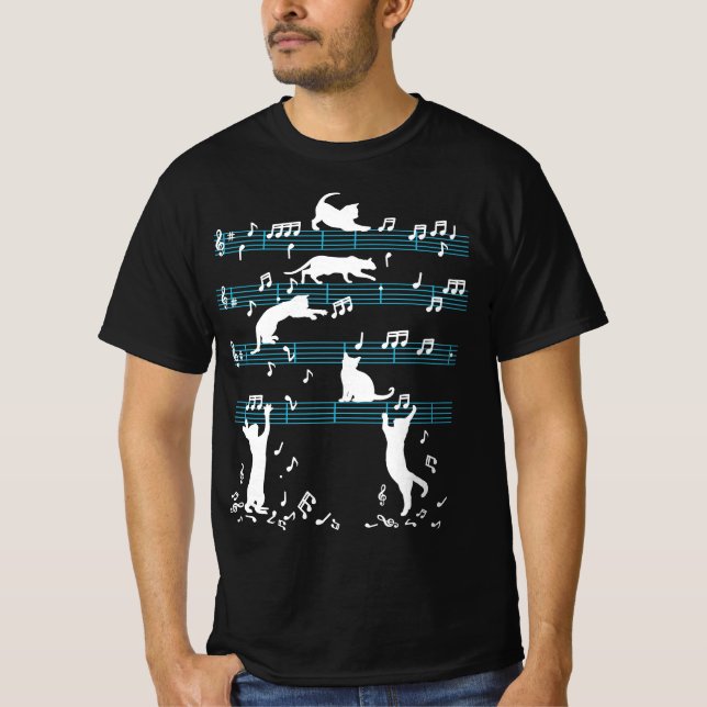 Niedliche Cat Kitty Playing Musiknote T-Shirt (Vorderseite)