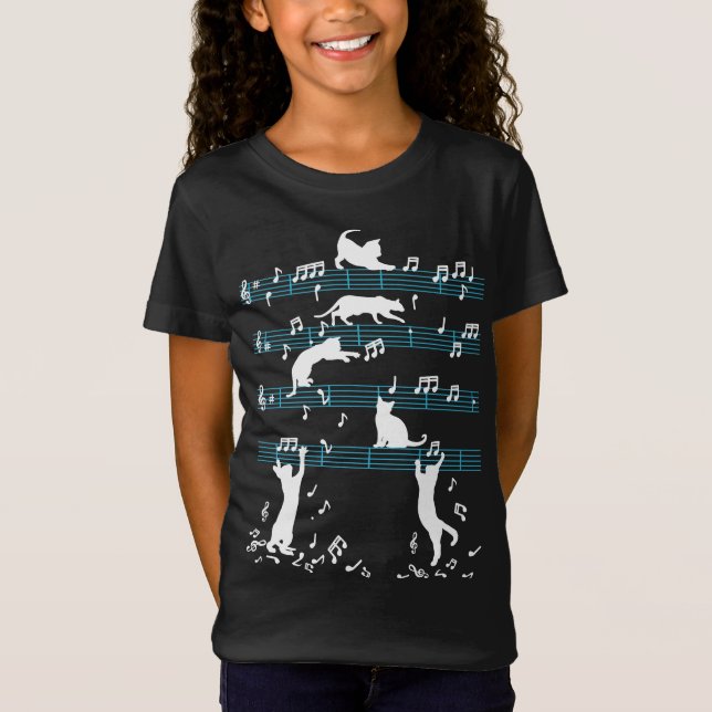 Niedliche Cat Kitty Playing Musiknote T-Shirt (Vorderseite)
