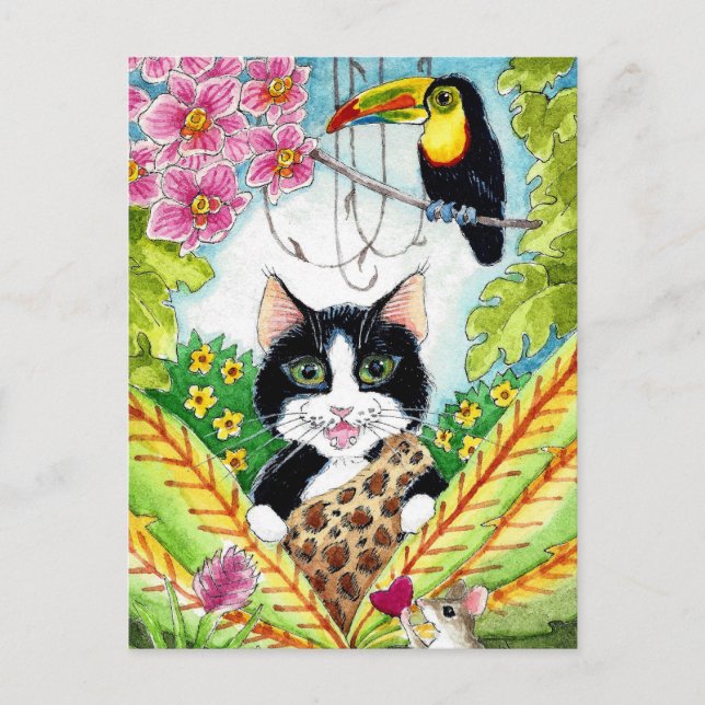 Niedliche Cat Maus Orchid Toucan Postkarte (Vorderseite)