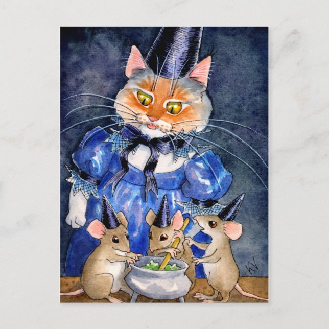 Niedliche Cat Mouse Hexenkessel Halloween Herbstke Postkarte (Vorderseite)
