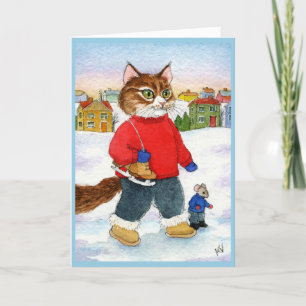 Niedliche Cat Mouse Skater Winter-Urlaubskarte Feiertagskarte