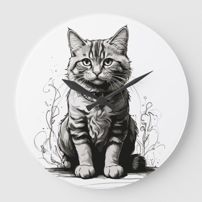 Niedliche Cat Pencil Sketch Große Wanduhr (Vorderseite)