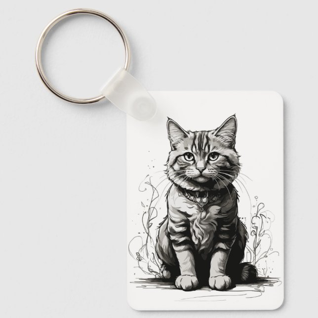 Niedliche Cat Pencil Sketch Schlüsselanhänger (Vorderseite)
