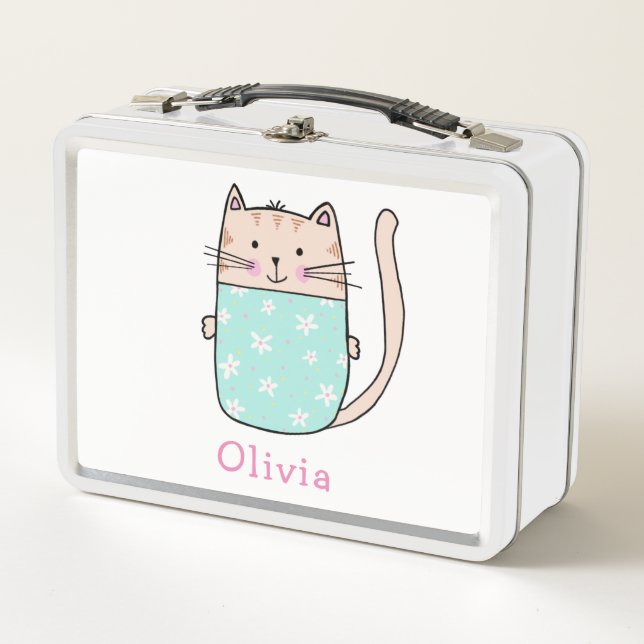 Niedliche Cat Personalisiert Individuelle Name Met Metall Brotdose (Vorderseite)