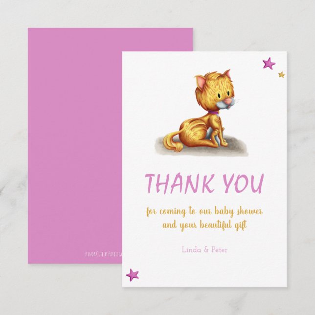 Niedliche Cat Pink Baby Dusche Dankeskarte (Vorne/Hinten)