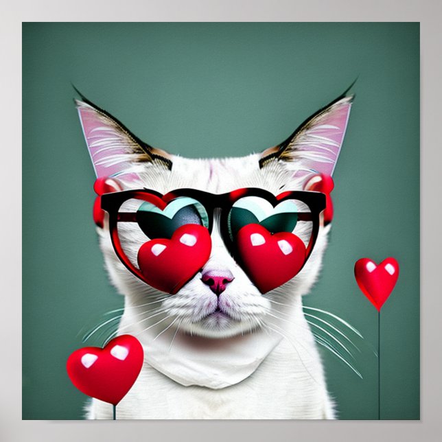Niedliche Cat Valentine's Day Hörbrillen Digital Poster (Vorne)