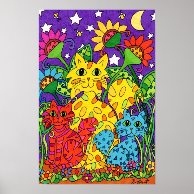 Niedliche Cats Garten Blume Mond Zeichnend Poster (Vorne)