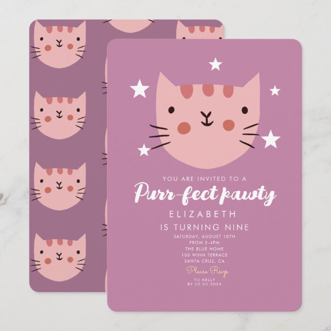 Niedliche Chat Pink Green Geburtstagspartei Einladung (Vorne/Hinten)