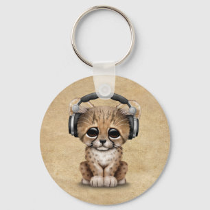 Niedliche Cheetah Cub Dj Tragekopfhörer Schlüsselanhänger
