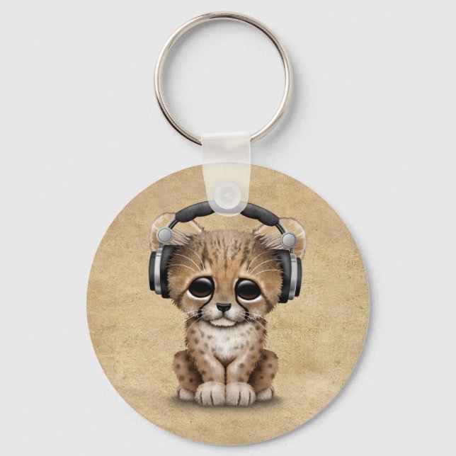 Niedliche Cheetah Cub Dj Tragekopfhörer Schlüsselanhänger (Vorderseite)