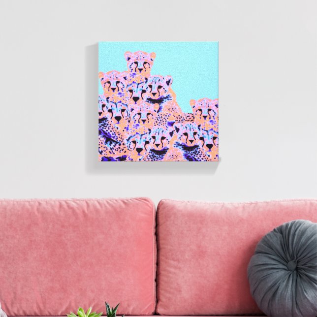 Niedliche Cheetah Familienrosa & Peach Wilde Kunst Leinwanddruck (Insitu (Wohnzimmer))