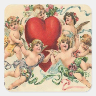Niedliche Cherubs mit Rotem Herzwald Quadratischer Aufkleber