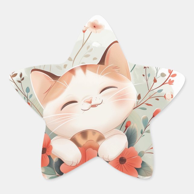 Niedliche Chibi-Katze in Blume Katzenliebhaber Ges Stern-Aufkleber (Vorderseite)