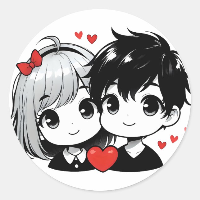 Niedliche Chibi Liebe Illustration für Valentinin Runder Aufkleber (Vorderseite)