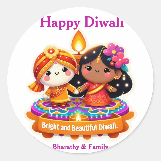 Niedliche Chibi-Stilmerkmale in Diwali Runder Aufkleber (Vorderseite)