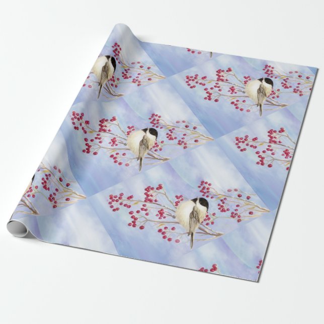Niedliche Chickade mit Berries Wasserfarbener Voge Geschenkpapier (Ungerollt)