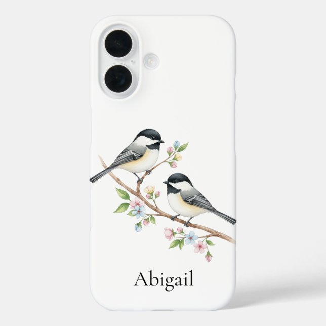 Niedliche Chickadee auf Zweigstelle Blume Individu iPhone 16 Hülle (Rückseite)