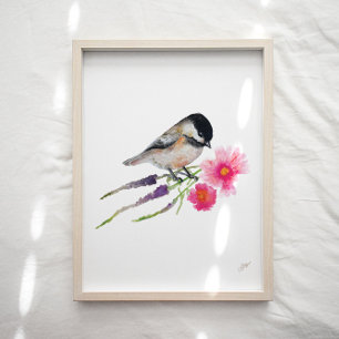 Niedliche Chickadee Bird Blume Kunst, Dichtung und Poster