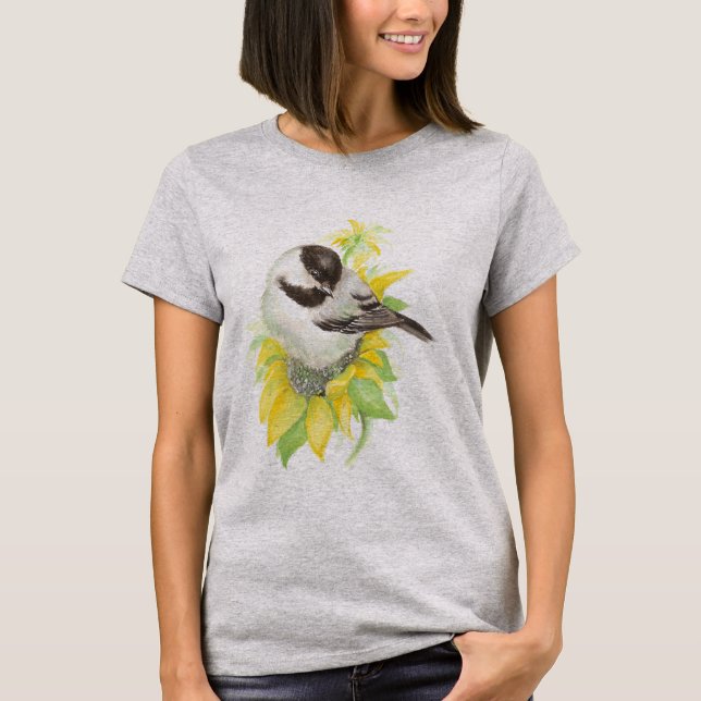 Niedliche Chickadee, Vögel, Sonnenblumen, Garten,  T-Shirt (Vorderseite)