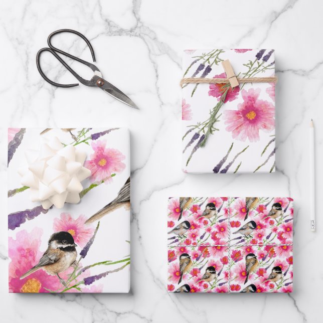 Niedliche Chickadee Wasserfarbenflora Geschenkpapier Set (Vorderseite)