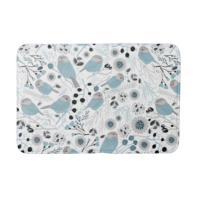 Niedliche Chickadees Blue Black Gray Badematte (Vorderseite)
