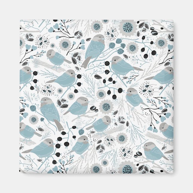 Niedliche Chickadevögel Blaue graue Blume Berries Magnet (Vorne)