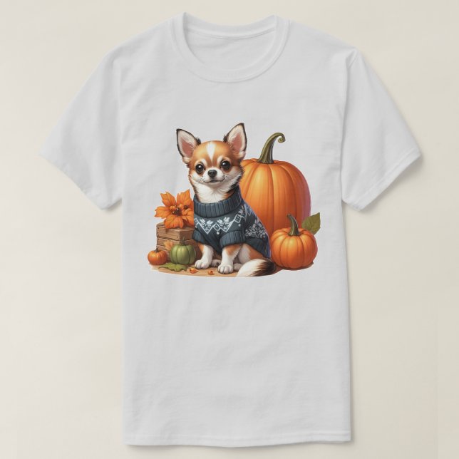 Niedliche Chihuahua im Sweater mit Pumpkins T-Shirt (Design vorne)
