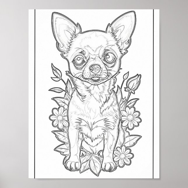 Niedliche Chihuahua mit Blume farbiges Seitenposte Poster (Vorne)