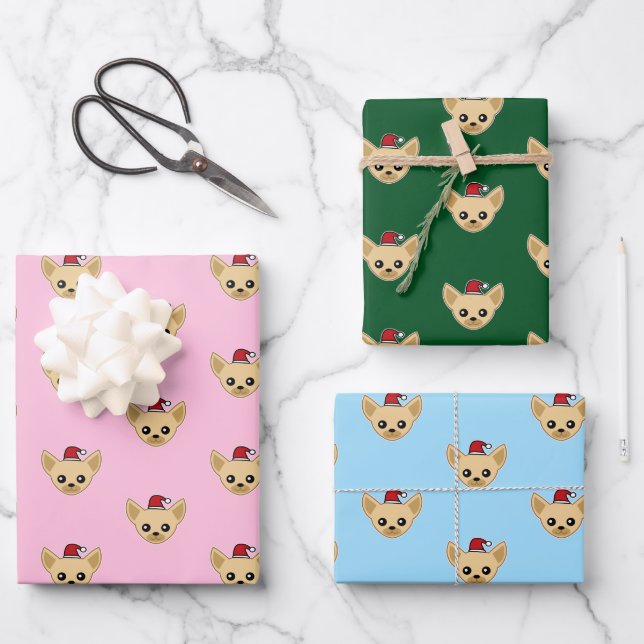 Niedliche Chihuahua-Weihnachtsmannmütze Geschenkpapier Set (Vorderseite)