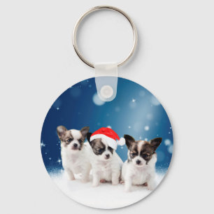 Niedliche Chihuahua Welpen mit Weihnachtsmannmütze Schlüsselanhänger