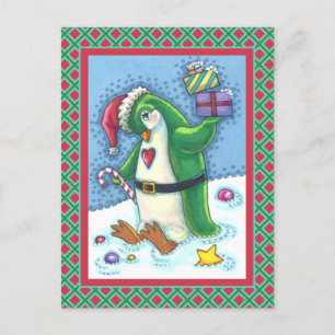 NIEDLICHE CHRISTMAS PENGUIN IN GRÜN, URLAUB POSTKARTE