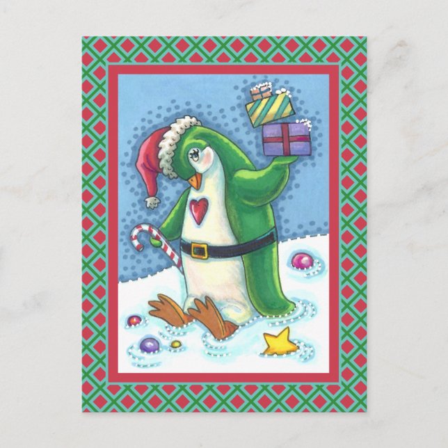NIEDLICHE CHRISTMAS PENGUIN IN GRÜN, URLAUB POSTKARTE (Vorderseite)