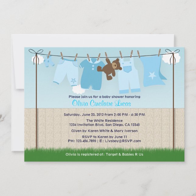 Niedliche Clothesline Baby Boy Modern Baby Dusche Einladung (Vorderseite)