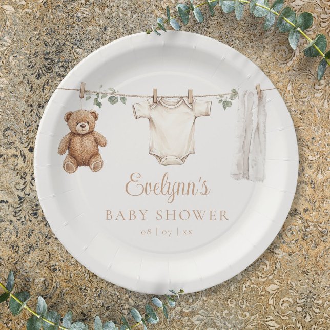 Niedliche Clothesline Geschlechtsneutrale Babydusc Pappteller (Cute Clothesline Gender Neutral Baby Shower Paper Plates)