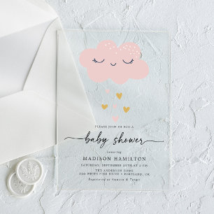Niedliche Cloud and Hearts Pink and Gold Baby Dusc Acryleinladungen
